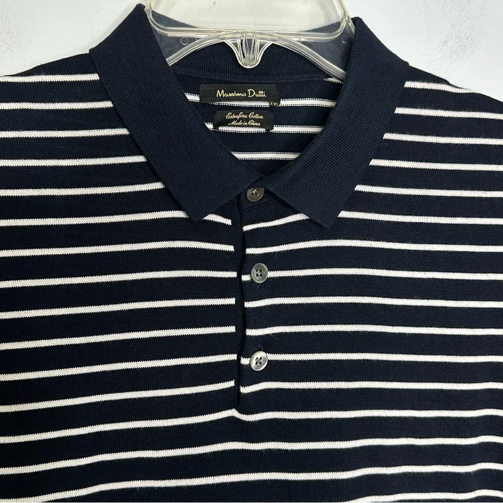 Massimo Dutti Men’s Short Sleeve Extrafine Cotton Navy Striped Knit Polo Shirt S - Picture 4 of 7